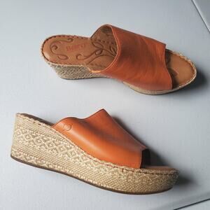 Born Sandals Womens Size 11 Orange Leather Wedge Slide Espadrille Comfort DS8008